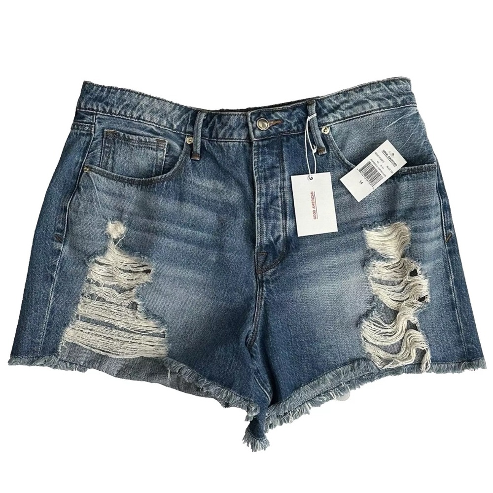 Good American Bombshell Curved-Hem Denim Shorts Size: 14 New Blue 153 NWT Cotton